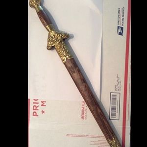 Asian Samurai Sword Steel Blade Inscription Dragon Wood Brass Handle Scabbard